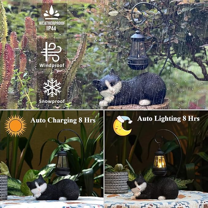 Solar Cat Statues with Lantern for Garden Outdoor Statue, Garden Lawn Outdoor Cat Statue, Cat Figurines Crafted Garden Sculptures & Statues for Patio, Yard, Lawn & Porch Gardening Gifts for Mom(13")