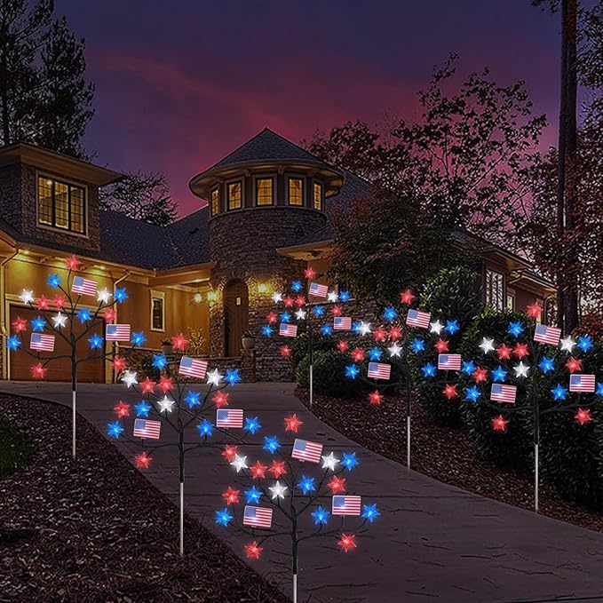HUGSVIK 4 Packs 80LED 4th of July Decorations Outdoor, Upgraded Red White and Blue Solar Lights with Stars & American Flags, Outdoor Memorial Day Decorations Patriotic Lights for Yard Pathway Garden