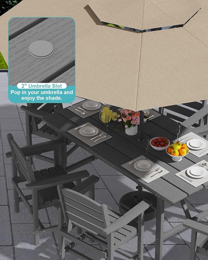 Patio Dining Set for 6 with Umbrella Hole - 66" Outdoor Table & 6 Chairs, All-Weather HDPE Outdoor Furniture for Lawn, Garden, Backyard, Poolside, Gray
