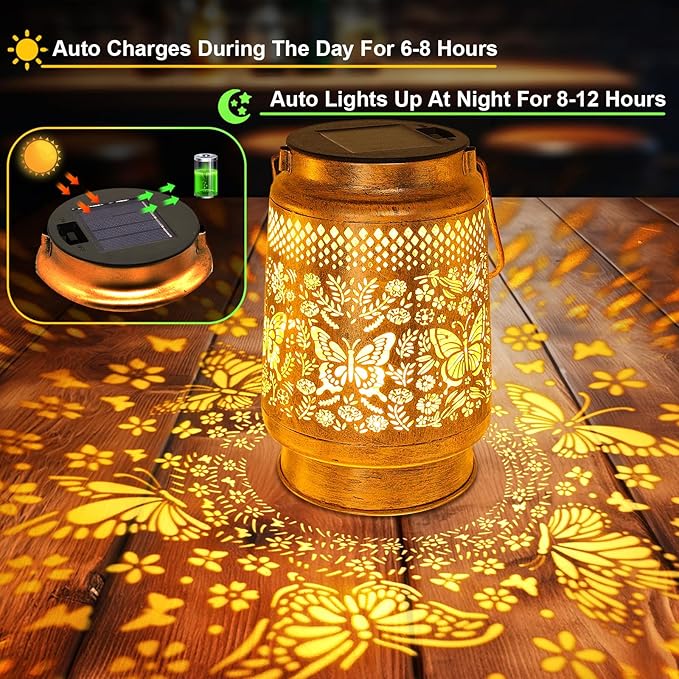 2 Pack Solar Lanterns Outdoor Garden Decor with Shepherd Hook, Gardening Gifts for Mom Grandma Women Butterfly Metal Decor Lantern Waterproof Solar Lights LED Decorative for Garden Yard Patio