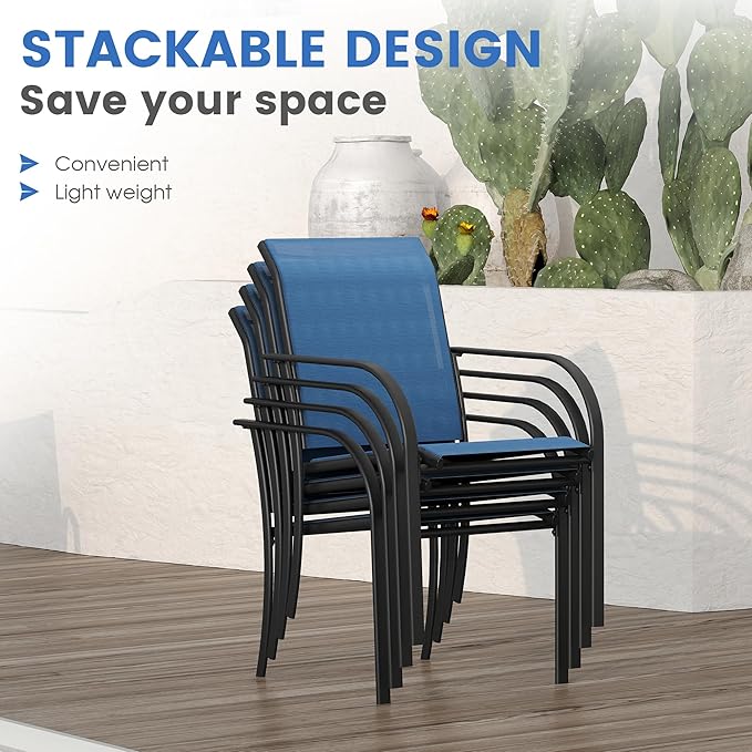 VICLLAX Patio Dining Set for 4, Outdoor Furniture Set Includes 40.2" Square Patio Table and 4 Stackable Patio Sling Chairs, Patio Table and Chairs for Outsides, Black Table and Blue Chairs