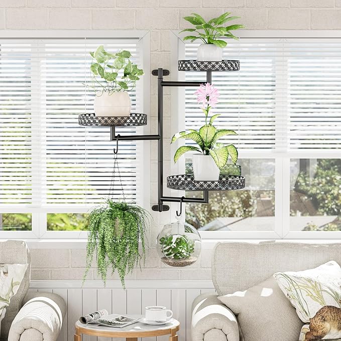 OVICAR Rotating Window Plant Shelves - Indoor Wall Plant Stand 3-Tier Floral Metal Window Shelf Holder for Multiple Plants with Hanging Hooks Home Decor Black