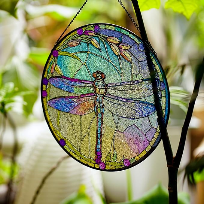 Hanging Stained Glass for Windows,20cm/7.87inch Dragonfly Hand-Painted Sun Catcher Garden Hangings Christmas Mother's Day, Valentine's Day Ornaments Festival Gift (C Style)