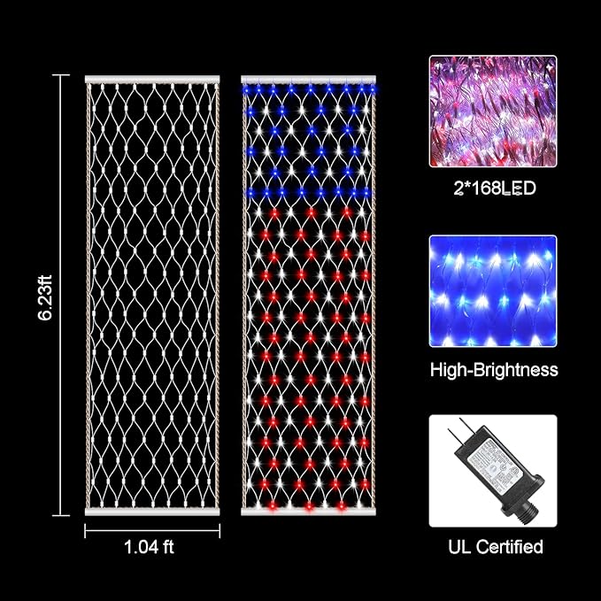 DBFAIRY 2 PCS American Flag Lights, 336 LED 4th of July USA Flag Lights Outdoor with Timer, 8 Modes Red White Blue Banners Lights for Independence Flag Day, Each 6.6Ft (L) x 1.2Ft (W)