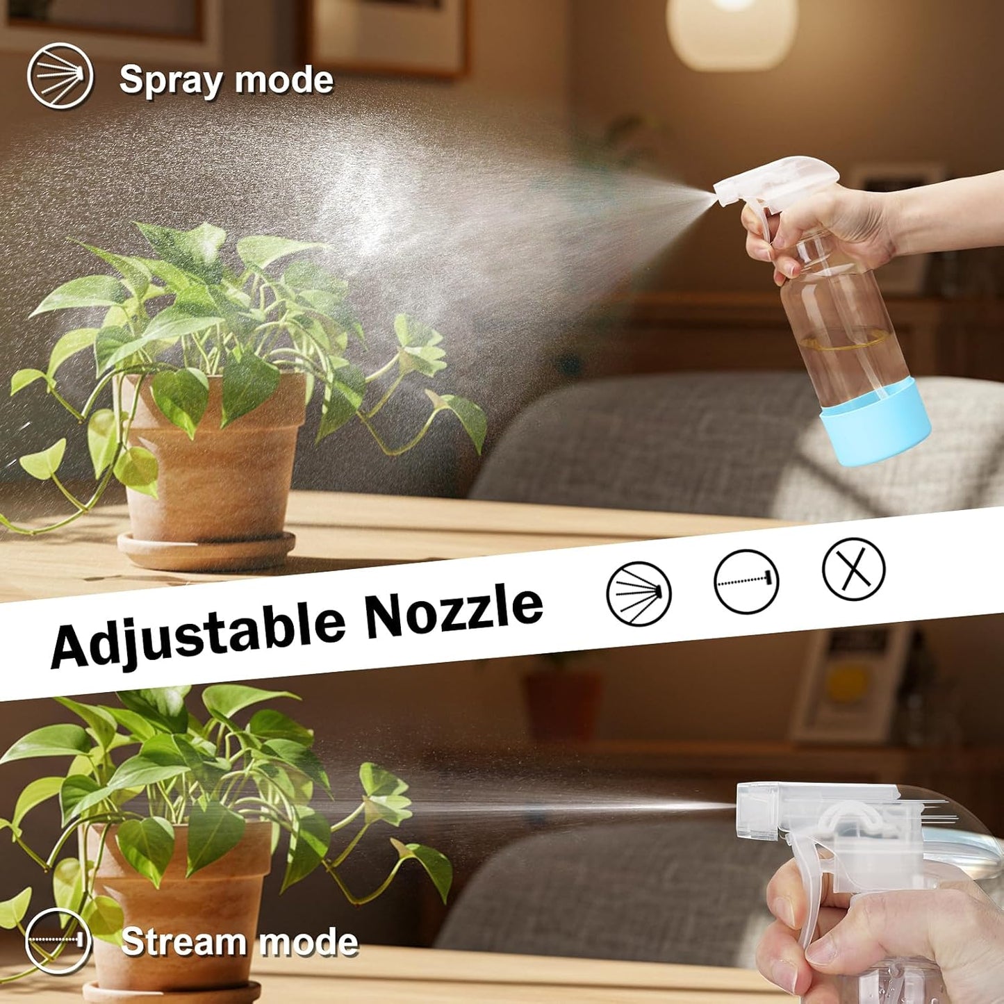 Glass Spray Bottles with Silicone Sleeve 16.9oz 2 Pack Empty Spray Bottle for Hair Mist/Stream Spraying for Cleaning Solutions, Plants, Essential Oils (clear-qblue&white)