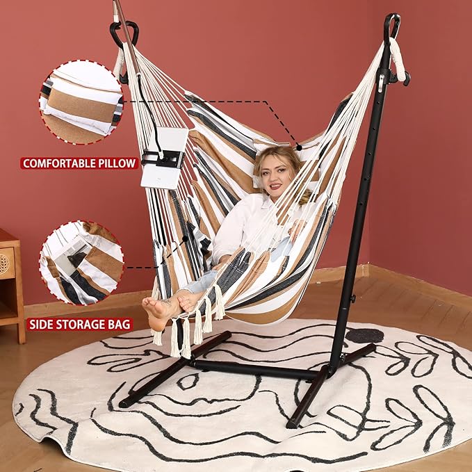 ZEYU Hammock Chair with Stand Double Hammock Chair Bohemian Style with Tassel Mobile Phone Support Manual Adjustable Swing Indoor and Outdoor Garden Porch with Floor mat Reclining Capacity 400 pounds