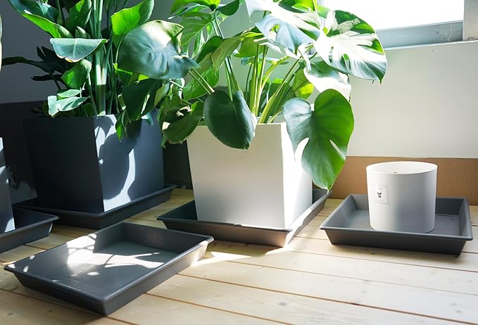 Square Plant Saucer 14 Inch 5 Pack,Plant Stand Plant Trays for Pots Heavy Duty Gray Plastic Plant Saucers for Indoors Outdoors, Flower Pot No Holes Plant Lover Gardening Gifts