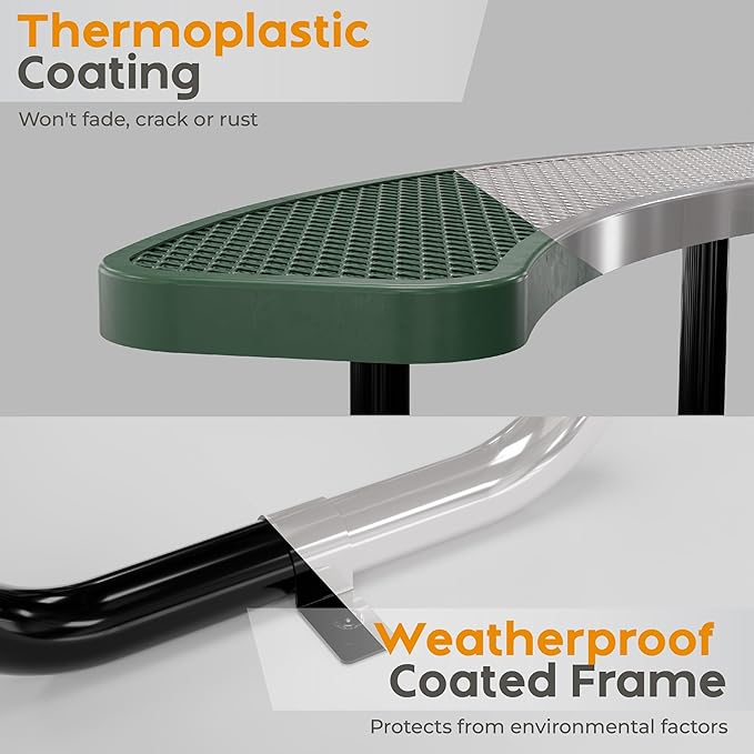 Metal Picnic Tables for Outdoors with Umbrella Hole - Coated Steel Heavy Duty Commercial Grade Table with Adjustable Seats (Green, 46 in, Round, Expanded Steel)