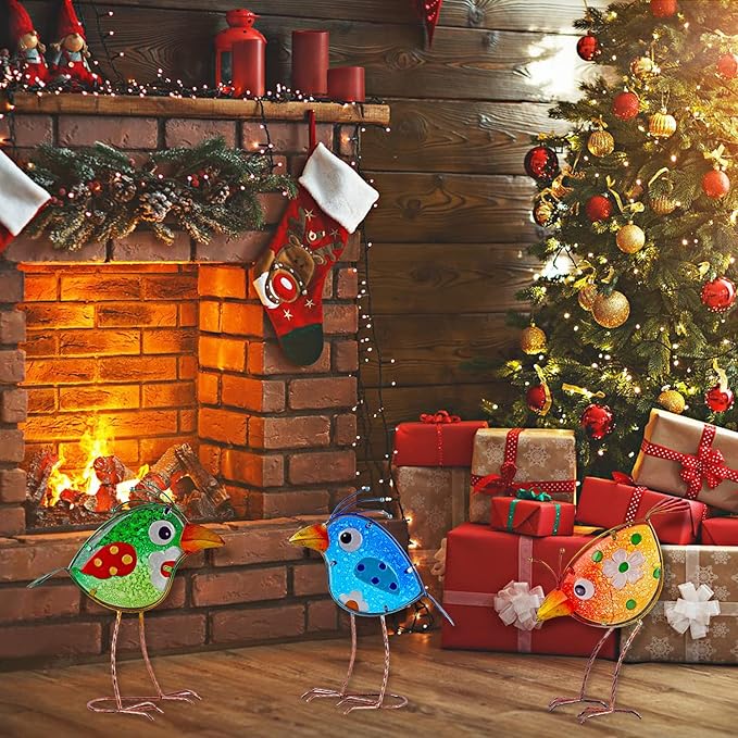 John's Studio Garden Decor for Outside - Outdoor Statue Decorations Metal Bird Glass Yard Art Décor, Lawn Ornaments for Patio Yard Porch, Housewarming Gift - 3 PCS