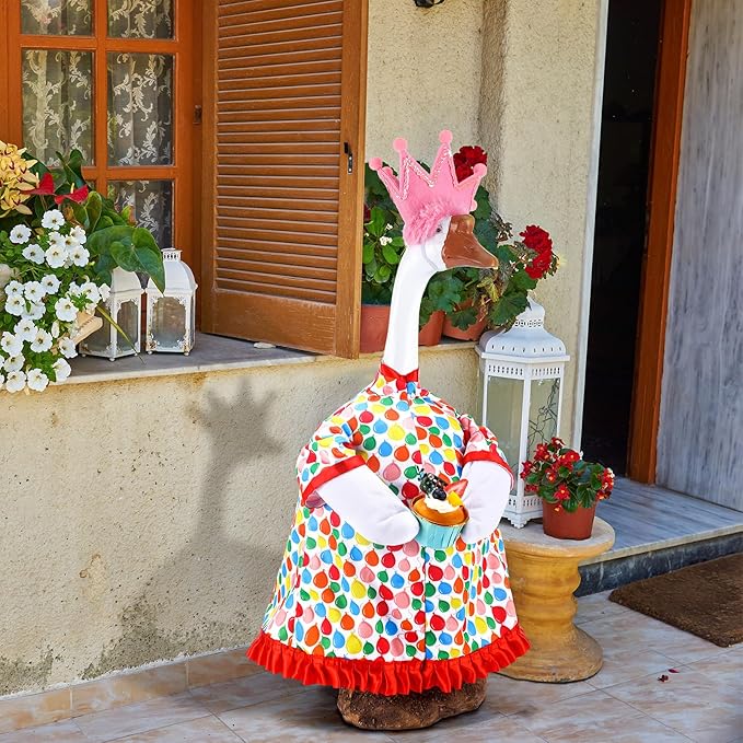 Happy Birthday Goose Outfit Silly Lawn Porch Goose Clothes Shirt for 23'' Cement Duck Decorations(Pink)