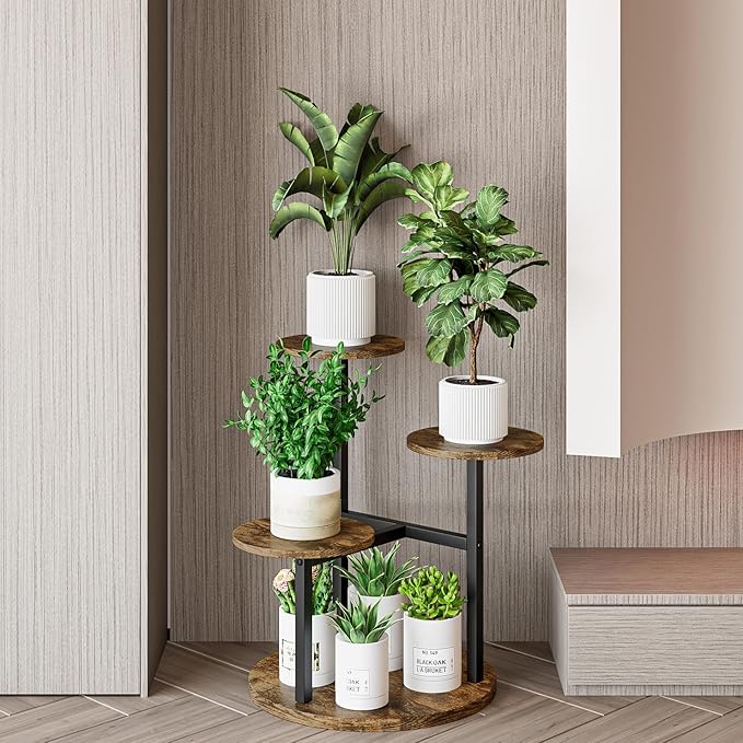 Plant Stand Indoor 4 Tier 5 Potted Multiple Flower Pot Holder for Patio Garden Balcony Living Room Corner (4 Tier Black+Rustic Brown)
