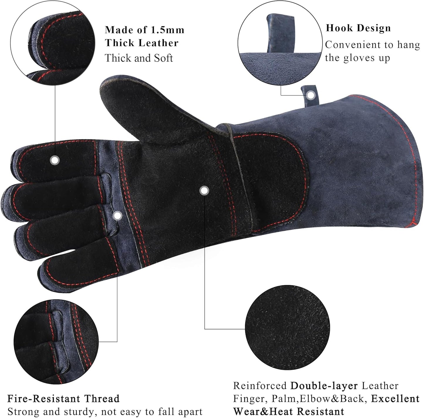 Fireplace Gloves Fire Heat Resistant: Dark-Grey 16IN 932℉ - Fireproof Leather for Fireplace Fire Pit Wood Stove Campfire Furnace BBQ Grill Oven Stick Mig Welding Welder Gear - Birthday Gift XL