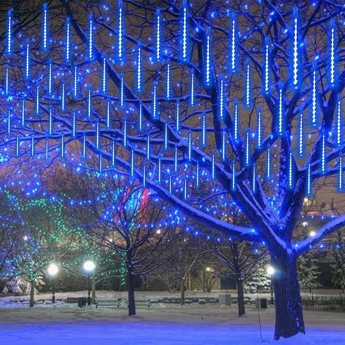 YIQU 2-Pack Extendable Christmas Lights Outdoor,16 Tubes 384 led Meteor Shower Rain Lights Led Falling Icicle Lights Perfect for Christmas Holiday Party Home Patio Outdoor Decorations(Blue)
