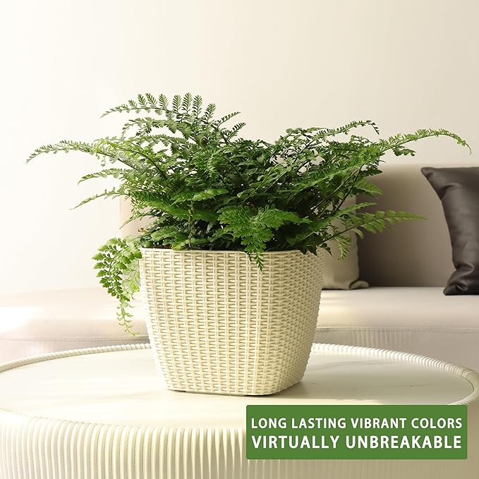 Dexceder 9x8 Self Watering Planter Indoor Outdoor, Inner Mat Design, Thickened Table Flower Plant Pot with Water Level Indicator (Ivory White Rattan)