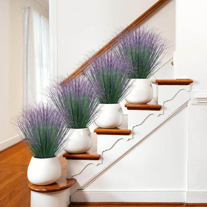 100Pcs Artificial Grass Plants, Faux Shrubs Wheat Grass, Artificial Tall Fake Plants for Outdoor Decor, Greenery Stems Weed for Room Indoor Home Decor(Green Purple Tail)