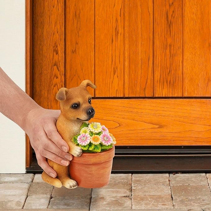 Muldale Solar Dog Statues Outdoor - Solar Powered Outdoor Dog Garden Statue - Hand Painted Floral Plant Pot Light Up