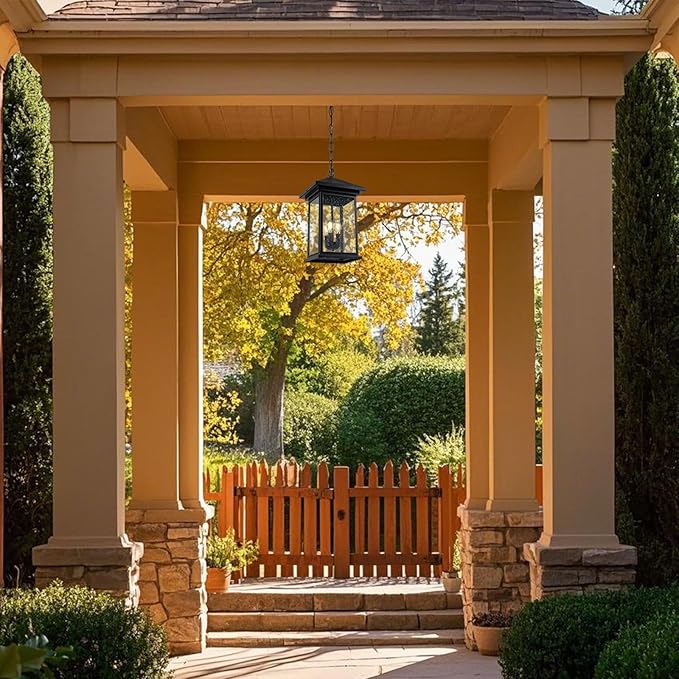 Classic Outdoor Hanging Lantern β Weather-Resistant, Stylish, Matte Black Finish, Clear Seeded Glass and Functional, Extra Large Size