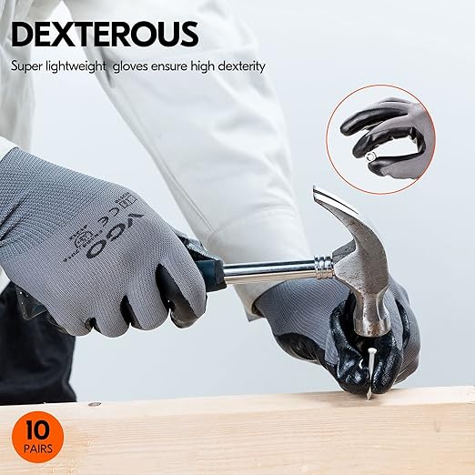 Vgo... 10-Pairs Safety Work Gloves, Gardening Gloves, Non-slip Nitrile coating, Dipping Gloves (Size L, Gray, NT2110)