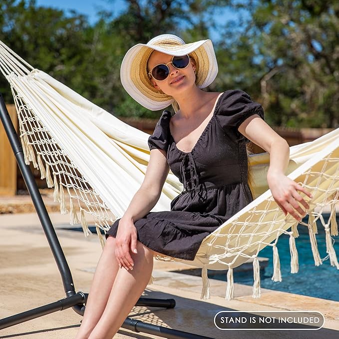 SUNCREAT Portable Camping Hammock for Outside, Heavy Duty 2 Person Hammock Bed for Tree, Beige with Tassels