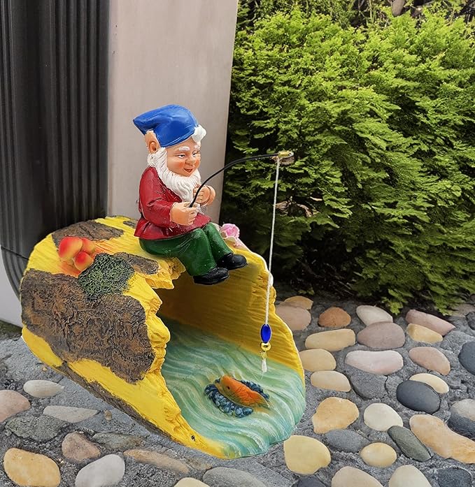Gnome Fishing 3" x 4" Gutter Downspout Splash Block Decor, Outdoor Garden Animal Statue & Sculpture, Weather-Resistant Gutter Diverter Rain, Decorative Gutter Extension Downspout Ornament