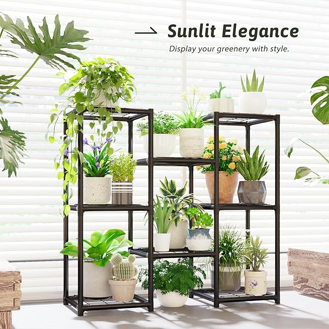 Plant Stand Indoor Outdoor Metal Plant Shelf 3 Tiers Corner Plant Rack for Multiple Plants Flower Holder for Patio Balcony Garden Black