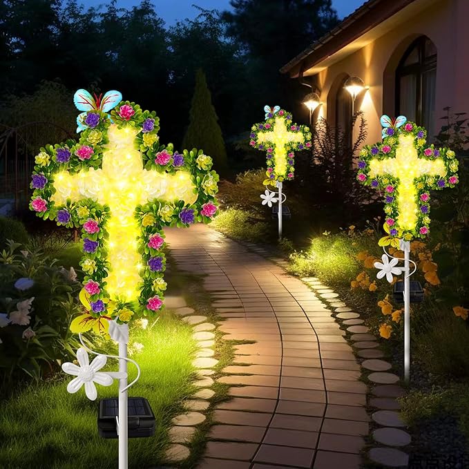 YJFWAL 1 Pack Solar Flowers Cross Garden Stake Lights, Yard Solar Lights Cemetery Decorations For Grave Outdoor Light Jesus Cross Sympathy Memorial Gift For Grandma, Garden Lawn Patio Pathway Deco
