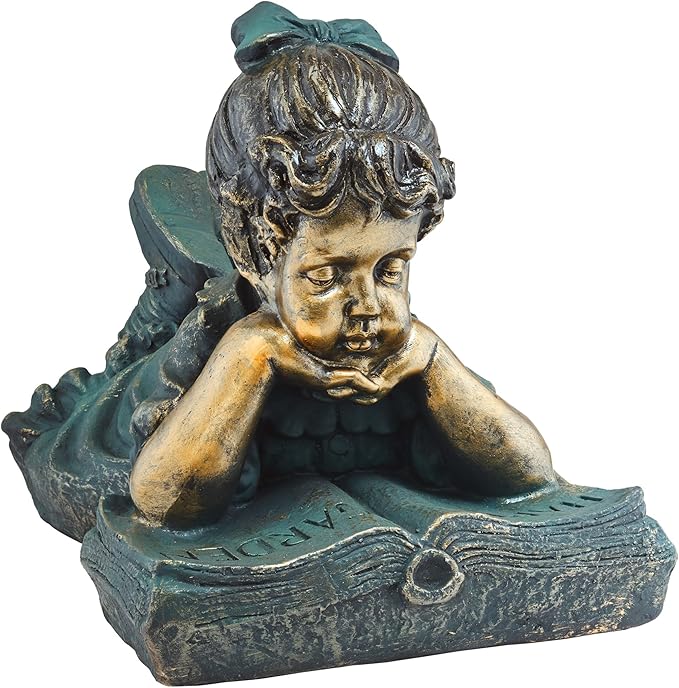 Alpine Corporation 16" Tall Indoor/Outdoor Girl Laying Down Reading Book Statue Set Yard Art Decoration