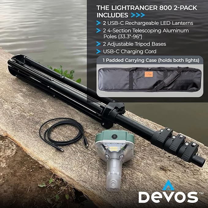 Devos Outdoor | LightRanger 800 Lumen Rechargeable Telescoping LED Lantern | 30 Hour Run Time | Illuminates a 40 Foot Diameter Area | 2 Pack with Padded Case