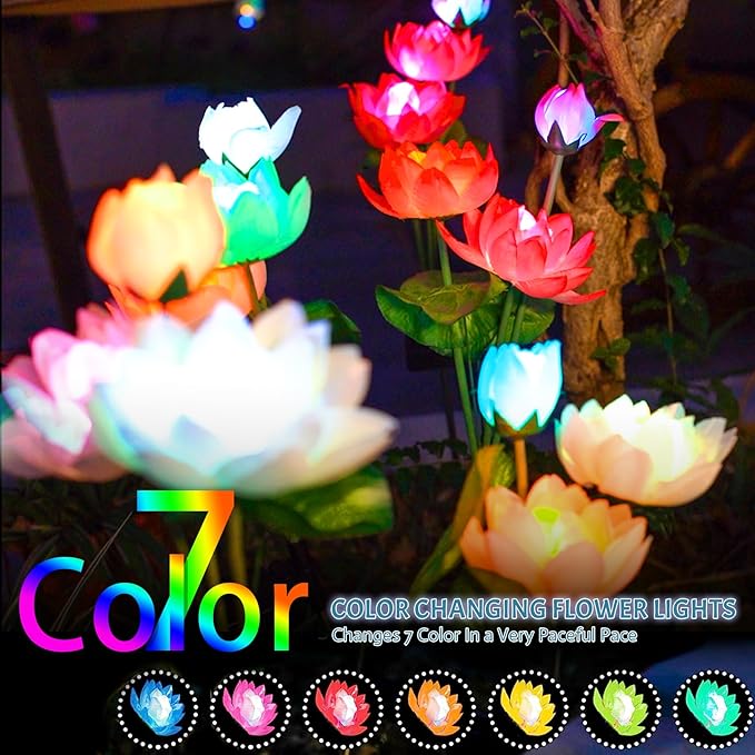 Solar Garden Lights - Solar Flower Lights, 7-Color Changing Lotus Lights for Yard, Garden Decoration, Bigger Solar Panel & Realistic Lotus Flowers (2 Pack)