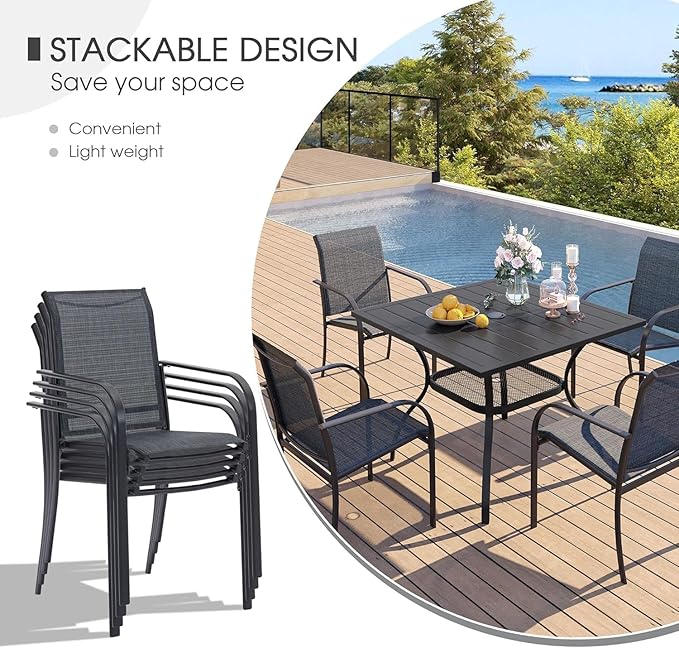 VICLLAX Patio Dining Set for 6, Outdoor Furniture Set Includes 47.2" Round Patio Table and 6 Patio Sling Chairs, Grey Tabletop and Grey Fabric