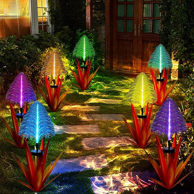 Metal Outdoor Decoration Gift Metal Agave Plants Outdoor Decor, Metal Agave Yard Art Garden Lights Solar Outdoor, 7 Color Changing Garden Yard Pathway Xmas Decor Waterproof & Solar Powerer (1pcs red)
