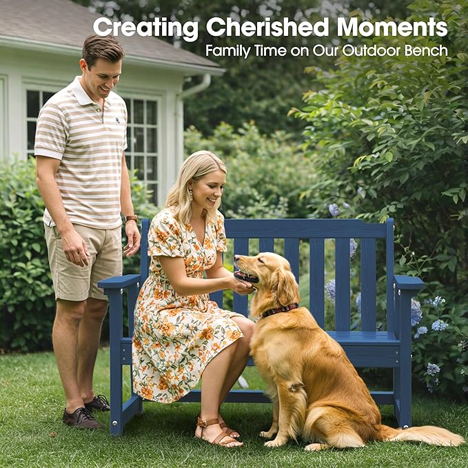 Ciokea 46" Heavy Duty Outdoor Bench, HDPE Weatherproof Garden Benches, Durable 2-Person Porch Benches with 660 Lbs, Waterproof Patio Bench for Outside Balcony Deck Backyard, Navy Blue