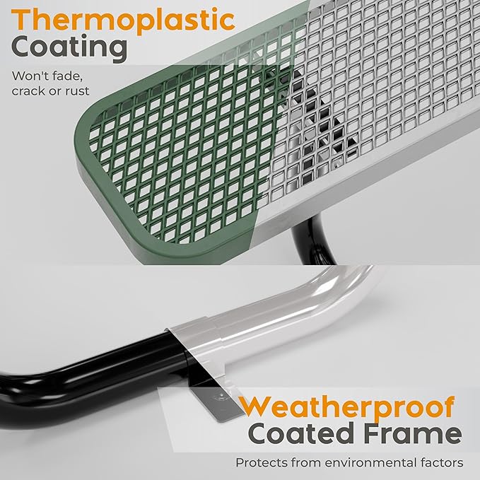 Metal Picnic Tables for Outdoors with Umbrella Hole - Coated Steel Heavy Duty Commercial Grade Table with Adjustable Seats (Green, 46 in, Square with Back, Expanded Steel)