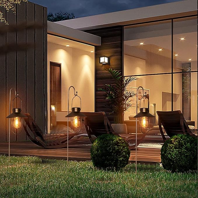 pearlstar Solar Lanterns Outdoor Metal Solar Powered Hanging Lights Waterproof for Wall Yard Garden Patio Garage Balcony Porch Fence Decor, Warm White Edison Bulb,with Wall Mount Kit(Black-1pack)