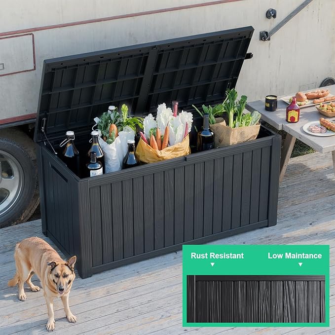 180 Gallon Outdoor Deck Box,Storage Lockable Waterproof Patio Furniture,Garden Tools,Cushions,Pool Accessories Outside Storage Resin Box(Black)