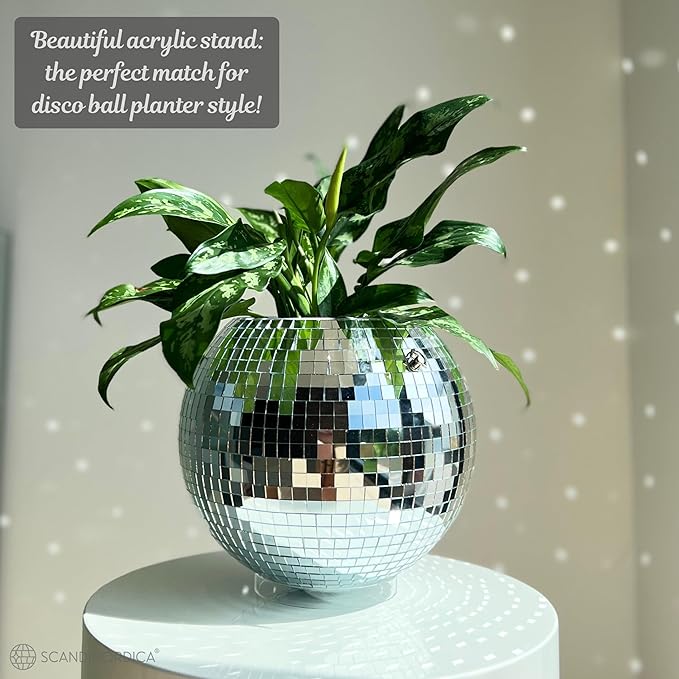 SCANDINORDICA Disco Ball Planter – Value Package: Mirror Disco Planter with Chain, Macrame Hanger and Acrylic Stand for Desk, Includes Self Watering Insert, Eclectic Home Decor | 10 inch Silver