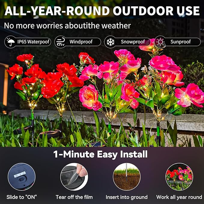 Neporal Solar Flowers Outdoor Waterproof Camellia,4PK 7-Stem Garden Solar Lights Decorative, 2 Decor Lighting Modes, Solar Powered Garden Decor, Solar Yard Decor