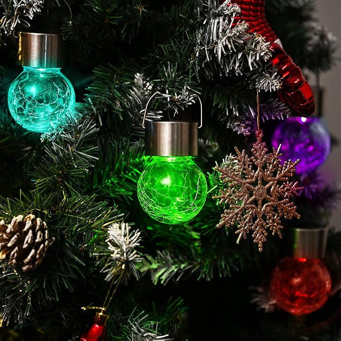 GIGALUMI 8 Pack Solar Hanging Lights, Christmas Decoration Lights with Multi-Color Changing Cracked Glass Hanging Ball Solar Outdoor Lights Waterproof Solar Lanterns for Garden, Yard, Patio, Lawn