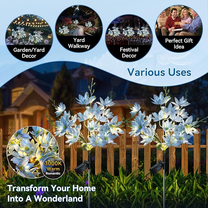 Neporal Solar Flowers Outdoor Waterproof IP65, 5-Head Snow Lotus with 20+ Flowers, Warm LED Light & 2 Lighting Modes, Decorative Solar Lights Outdoor Garden, Yard, Pathway, Flower Bed (2-Pack, Blue)