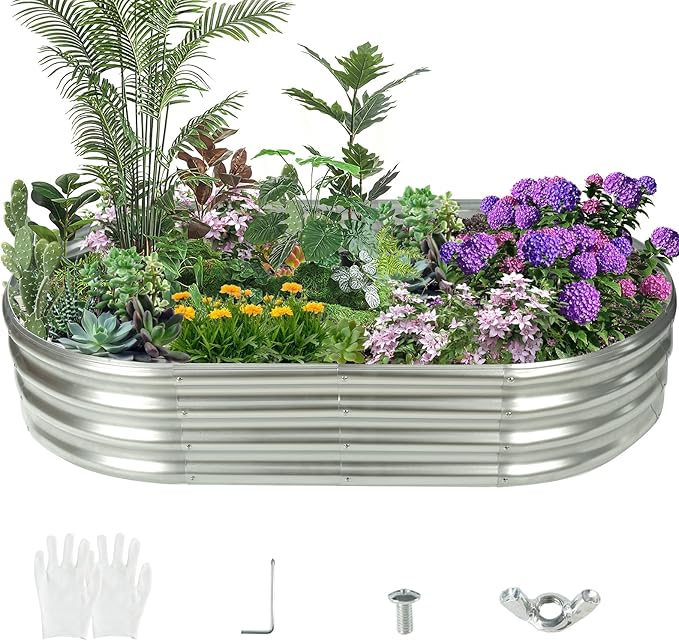Durable-0.8MM Thick,Crimped Edge 5X2.7X1 FT Oval Galvanized Steel Raised Garden Bed/Galvanized Metal Planter Box for Planting in The Backyard/Garden(Silver, 60X32X12 Inches)