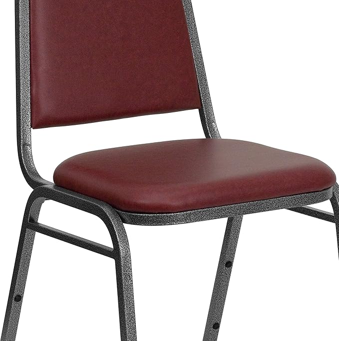 EMMA + OLIVER Trapezoidal Back Vinyl Stackable Banquet Chair, Multipurpose Stacking Chair with Padded Seat and Back, Burgundy/Silver