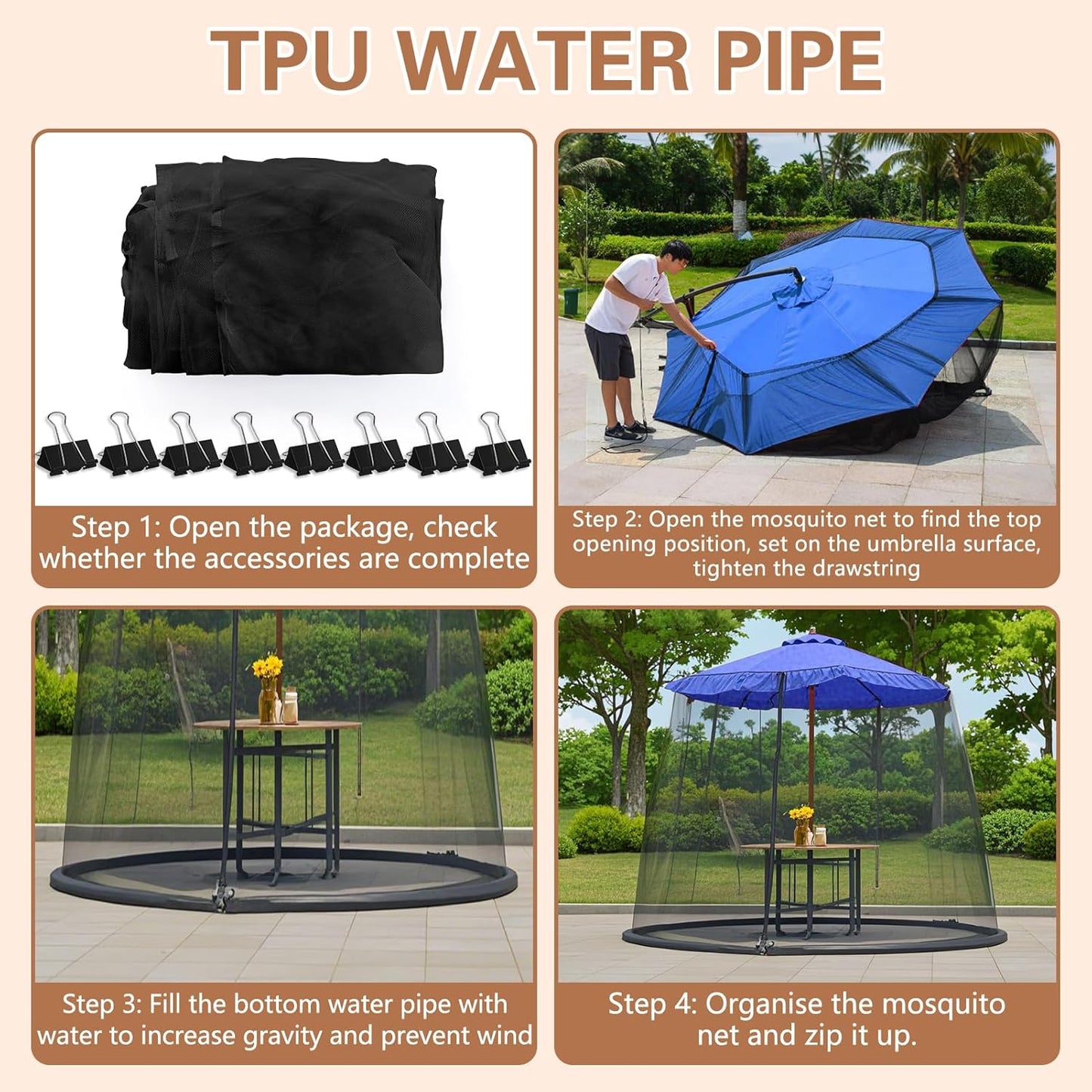 7.5-13FT Patio Mosquito Netting - Mosquito net for Patio Garden and Outdoor Umbrellas with Adjustable Elastic Cord and Zipper Umbrella net