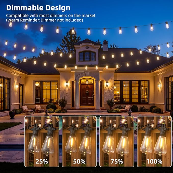 FOOMAN LED Outdoor String Lights, 50FT Outside Waterproof Patio Lights with 25+2 Shatterproof ST38 Edison Bulbs, 2700K Warm White Hanging Light, Dimmable Light for Backyard Garden Bistro Party