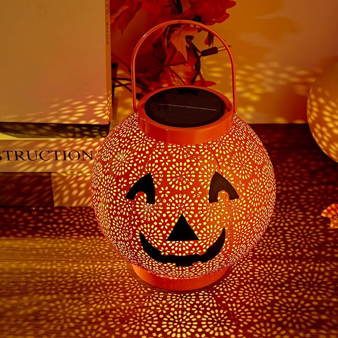 Halloween Decoration Hanging Solar Lantern Outdoor - Solar Powered Pumpkin Led Jack-O Lights, Waterproof Halloween Decor Metal Round Lantern for Yard, Patio, Pathway, Porch, Lawn, Garden, Outside