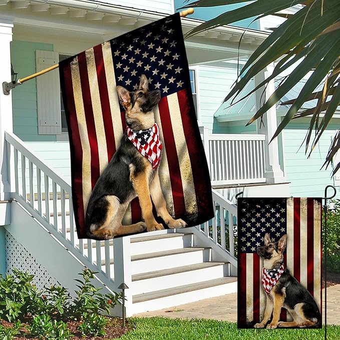 FLAGWIX Flags - German Shepherd American Flag MRPSL196F, Garden Flag (11.5" x 17.5") - USA House Garden Flags Premium Polyester - Decorative Outdoor Flags