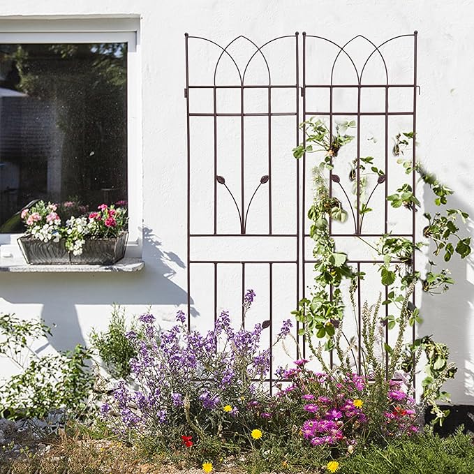4 Pack Metal Garden Trellis 71" Black Fence Rustproof Garden Trellis for Climbing Plants Support Roses Flower Outdoor Lawn, Brown