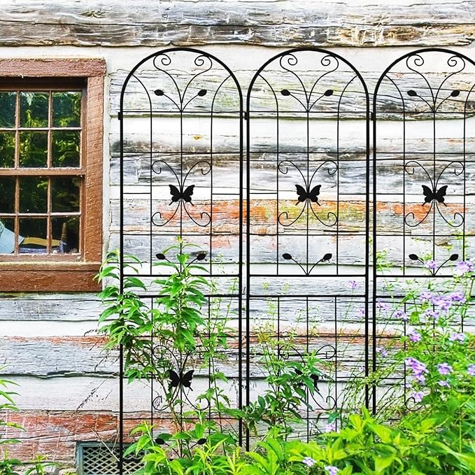 4 Pack Metal Garden Trellis 86.7" Black Fence Rustproof Garden Trellis for Climbing Plants Support Roses Flower Outdoor Lawn, Black