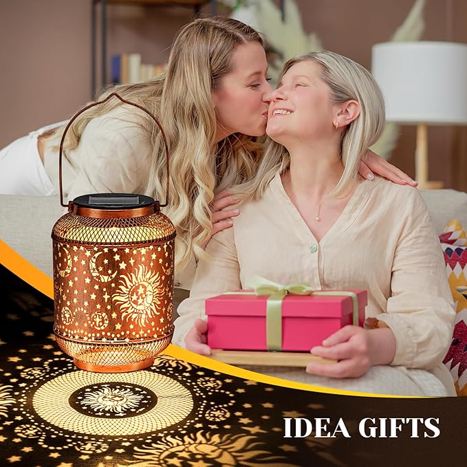 Solar Lanterns Outdoor Garden Decor, Metal Sun Moon Decor Lanterns Birthday Gifts for Women Mom Grandma, Waterproof Hanging Outdoor Solar Lights for Patio, Yard, Lawn, Landscape