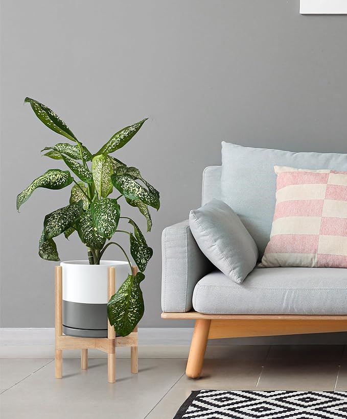 D'vine Dev Ceramic Planter with Natural Stand - 10 Inch Modern Round Flower Pot with Wood Planter Holder, White/Grey, 55-B-K-6