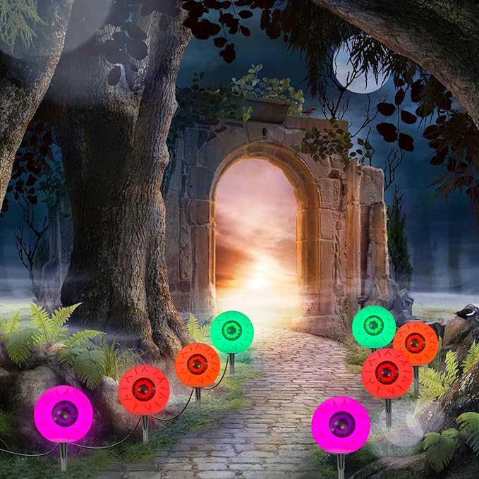 Outdoor Halloween Decorations Pathway Lights, 7Ft Halloween Eyeballs Pathway Markers String Lights Waterproof with 4 LED Scary Eyeballs Halloween Stakes Lights for Outdoor Walkway Yard Lawn Garden